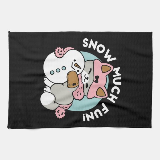 Schattigee kat in sneeuwspullen met sneeuwpopkunst theedoek (Horizontaal)