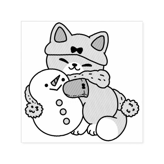 Schattigee kat in sneeuwspullen met sneeuwpopkunst  zelfinktende stempel (Design)