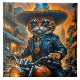 Schattigee kat in Sombrero en motorfiets Tegeltje