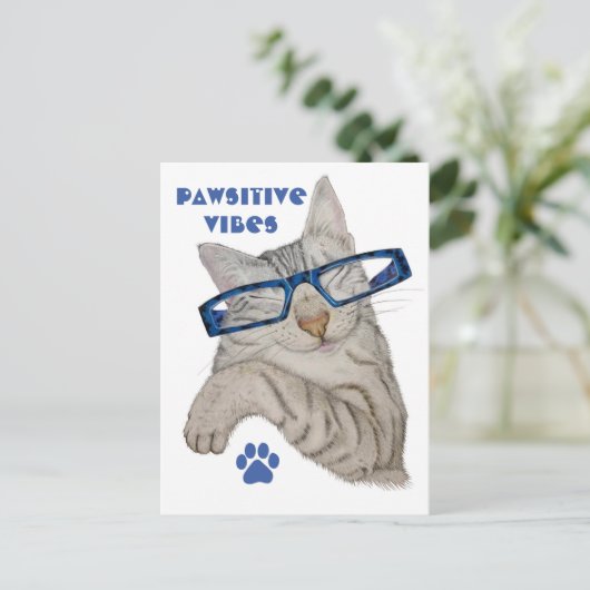 Schattigee kat in specs Pawsitive Vibes Paw Positi Briefkaart (Staand voorkant)