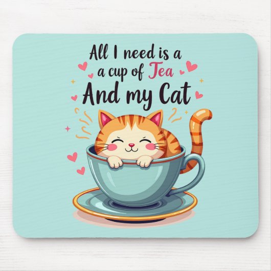 Schattigee kat in Teacup Kawaii Gezellige Kunst Muismat (Voorkant)