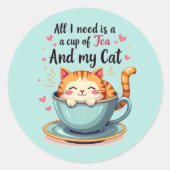 Schattigee kat in Teacup Kawaii Gezellige Kunst Ronde Sticker (Voorkant)