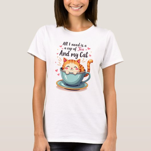 Schattigee kat in Teacup Kawaii Gezellige Kunst T-shirt (Voorkant)