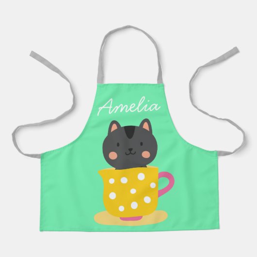Schattigee kat in theekopje kleurrijke kinder kuns schort (Voorkant)