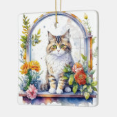 Schattigee kat in venster van bloemen gepersonalis keramisch ornament (Links)