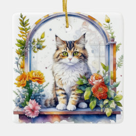 Schattigee kat in venster van bloemen gepersonalis keramisch ornament