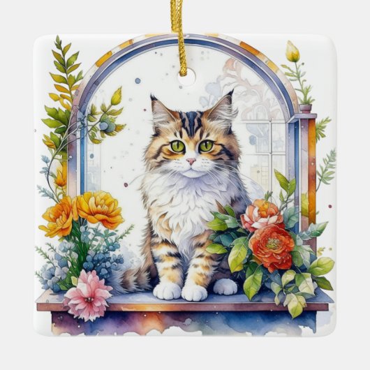Schattigee kat in venster van bloemen gepersonalis keramisch ornament (Voorkant)