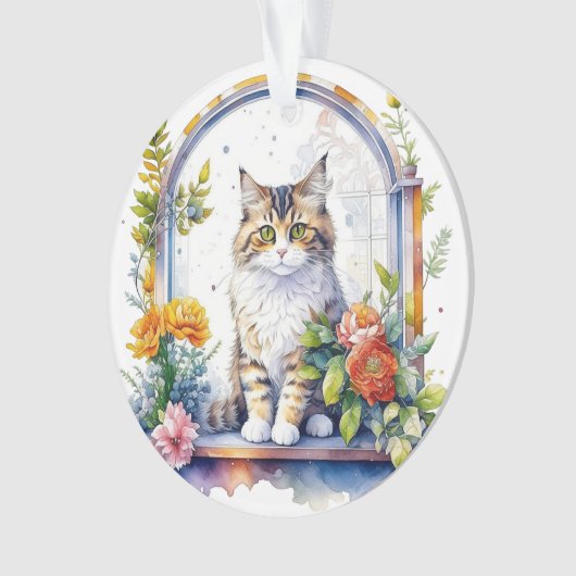 Schattigee kat in venster van bloemen gepersonalis ornament (voorkant)