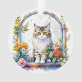 Schattigee kat in venster van bloemen gepersonalis ornament (voorkant)