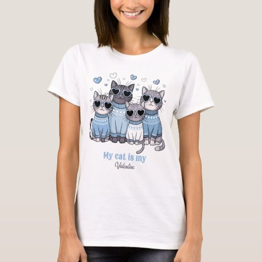 Schattigee Kat Kat Valentijn Blauw Aangepaste Naam T-shirt (Voorkant)