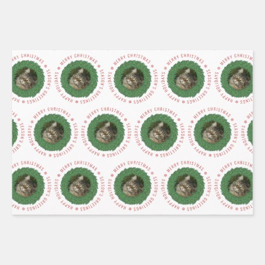 Schattigee Kat Kerst Krans Aangepaste Pet Foto Inpakpapier Vel (Voorkant 3)