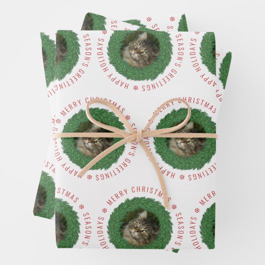 Schattigee Kat Kerst Krans Aangepaste Pet Foto Inpakpapier Vel (In situ)