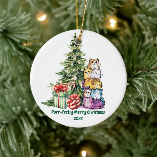 Schattigee Kat & Kerstboom, Waterverf, Eenvoudig Keramisch Ornament (Boom)