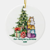Schattigee Kat & Kerstboom, Waterverf, Eenvoudig Keramisch Ornament (Voorkant)