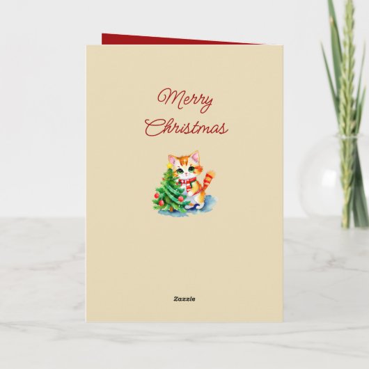 Schattigee kat & kerstboom worden vrolijk crème ro feestdagen kaart (Achterkant)