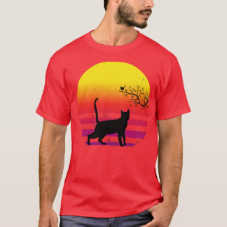 Schattigee kat kijken vogel op boom  retro sunse t-shirt