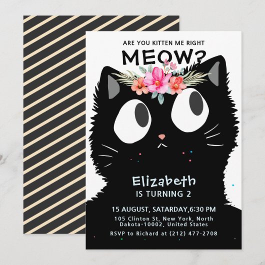 Schattigee kat kitten miauw bloemenkroon verjaarda kaart (Voorkant / Achterkant)