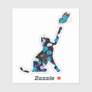 Schattigee kat, kleurrijke bloemen en vlinder sticker