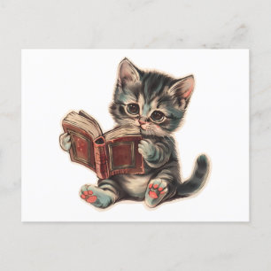 Schattigee kat lezen boek retro kinderen illustrat briefkaart