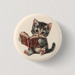 Schattigee kat lezen boek retro kinderen illustrat ronde button 3,2 cm