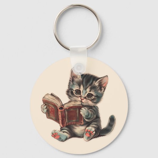 Schattigee kat lezen boek retro kinderen illustrat sleutelhanger (Voorkant)