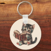 Schattigee kat lezen boek retro kinderen illustrat sleutelhanger (Voorkant)