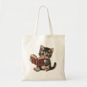 Schattigee kat lezen boek retro kinderen illustrat tote bag