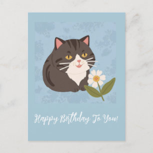 Schattigee kat met bloemen Happy Birthday Geperson Feestdagenkaart