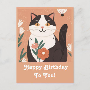 Schattigee kat met bloemen Happy Birthday Geperson Feestdagenkaart