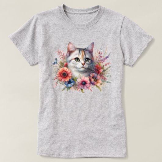 Schattigee kat met bloemen kattenliefhebbers t-shirt (Design voorkant)
