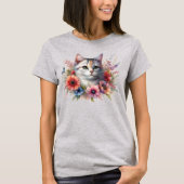 Schattigee kat met bloemen kattenliefhebbers t-shirt (Voorkant)