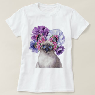 Schattigee kat met bloemkroon Waterverf Illustrati T-shirt