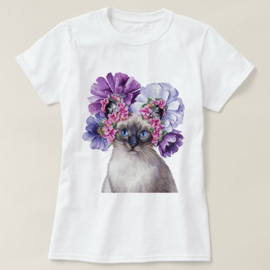 Schattigee kat met bloemkroon Waterverf Illustrati T-shirt (Design voorkant)