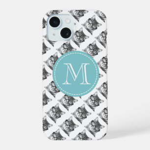 Schattigee kat met brillenpatroon op maat monogram iPhone 15 case