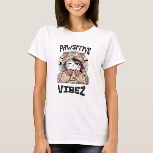 Schattigee Kat met een Hoodie: 'PAWSITIVE VIBEZ de T-shirt (Voorkant)