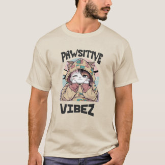 Schattigee Kat met een Hoodie: 'PAWSITIVE VIBEZ de T-shirt