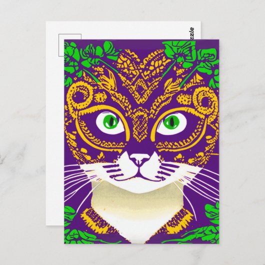 Schattigee kat met een Mardi Gras Mask Briefkaart (Voorkant / Achterkant)