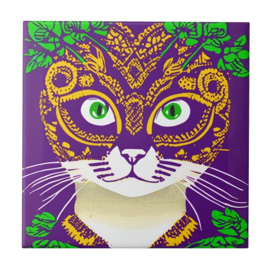 Schattigee kat met een Mardi Gras Mask Tegeltje (Voorkant)