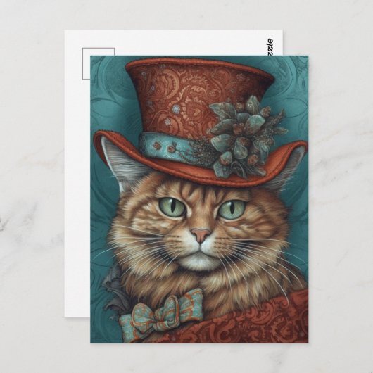 Schattigee kat met een rode Tophat Briefkaart (Voorkant / Achterkant)