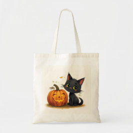 Schattigee kat met gesneden pompoen tote bag