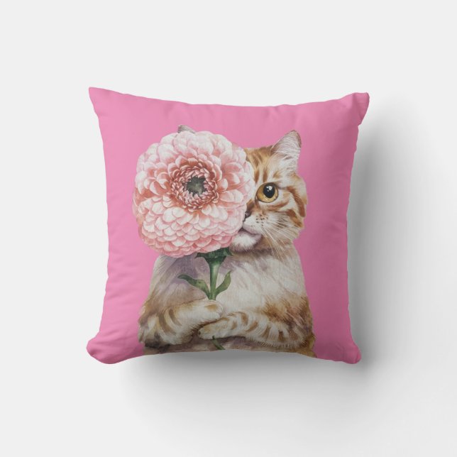 Schattigee kat met grote bloem| Schattige gemberka Kussen (Voorkant)