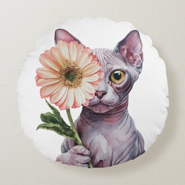 Schattigee kat met grote bloem| Schattige Sphynx C Rond Kussen (Voorkant)