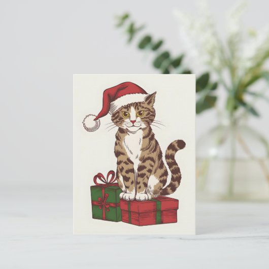 Schattigee kat met het pet van de Kerstman met cad Feestdagenkaart (Staand voorkant)