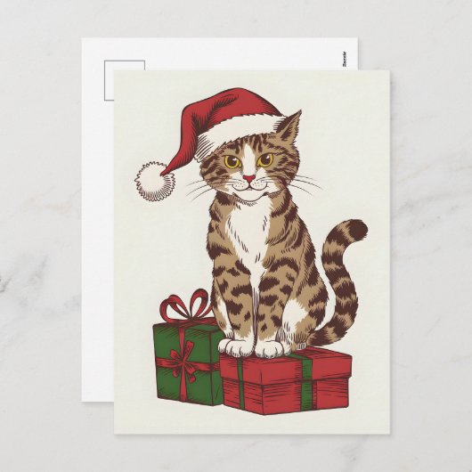 Schattigee kat met het pet van de Kerstman met cad Feestdagenkaart (Voorkant / Achterkant)