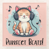 Schattigee kat met hoofdtelefoon Kawaii Music Love Glazen Onderzetter (Voorkant)
