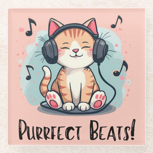 Schattigee kat met hoofdtelefoon Kawaii Music Love Glazen Onderzetter (Voorkant)