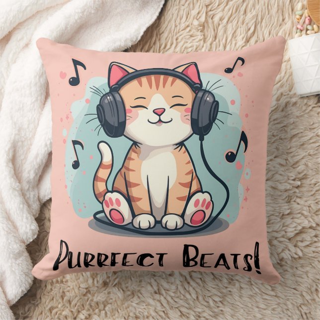 Schattigee kat met hoofdtelefoon Kawaii Music Love Kussen (Deken)