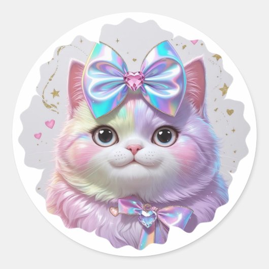 Schattigee kat met iriserende strik ronde sticker (Voorkant)