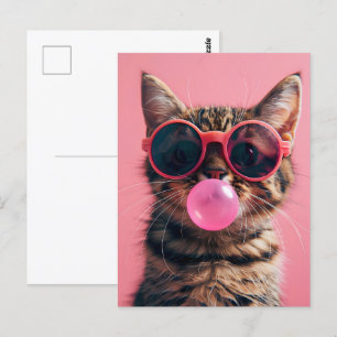 Schattigee kat met kauwgom, roze, Postcrossing Briefkaart