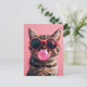 Schattigee kat met kauwgom, roze, Postcrossing Briefkaart (Staand voorkant)